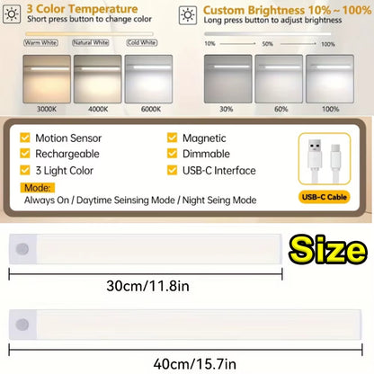 1-4 PCS Wireless Rechargeable LED Motion Sensor Cabinet Light for Closet, Kitchen, Wardrobe, Stairs - Battery Operated Night