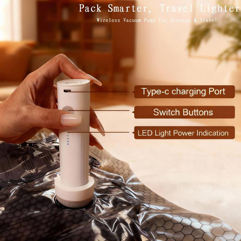 Cordless Travel Vacuum Storage Compression Bag Set – 15-Pack in 3 Sizes – 140L/Min Powerful Air Removal – USB Rechargeable Handheld Pump with Built-In Battery – Waterproof & Reusable Space Saver for Clothes & Packing, Perfect for Carry-On Suitcases