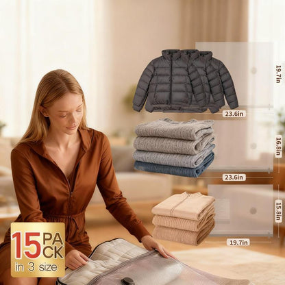 Cordless Travel Vacuum Storage Compression Bag Set – 15-Pack in 3 Sizes – 140L/Min Powerful Air Removal – USB Rechargeable Handheld Pump with Built-In Battery – Waterproof & Reusable Space Saver for Clothes & Packing, Perfect for Carry-On Suitcases